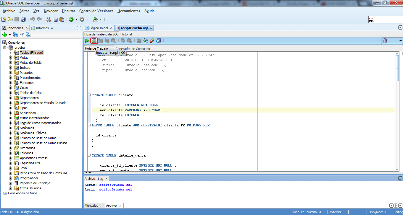 Ejecutar script DDL en sql developer